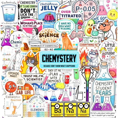 BulbaCraft 100Pcs Chemistry Stickers for Laptop, for Water Bottle - Funny Chemistry Gifts - Science Party Supplies & Decorations - Gift for Women & Men