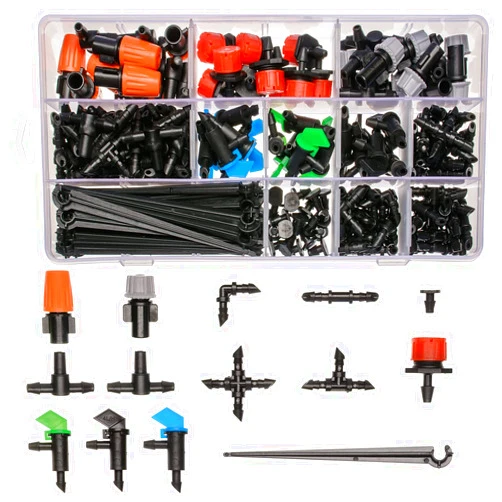 CESTAME 190 Pcs Barbed Connectors Irrigation Fittings Kit,Drip Irrigation Barbed Connectors 1/4''Tubing Fittings Kit for Flower Pot Garden Lawn(Straight Barbs,Single Barbs,Tees,Elbows,End Plug,4-Way Coupling)