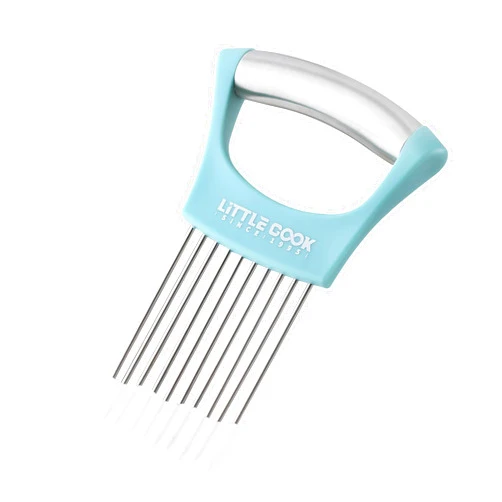 LITTLE COOK SINCE 1995 Onion Slicer Cutter, Little Cook Stainless Steel Onion Holder for Slicing and Storage of Onions, Avocados, tomato, Eggs, Dishwasher Safe, Protective Cover Included (Stylish Peapock blue)