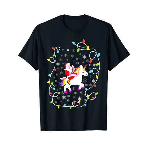 Merry Xmas Family Christmas Santa Ugly Sweater Santa Riding Unicorn Christmas Lights Merry Christmas Tree T-Shirt