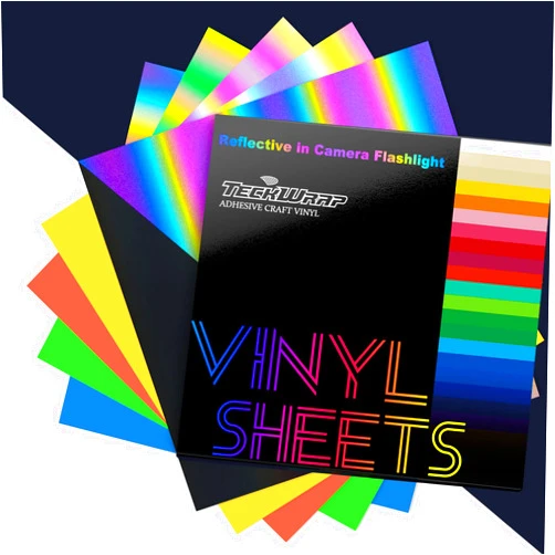 TECKWRAP Holographic Reflective Adhesive Vinyl Flashlight Sensitive Vinyl Precut Sheets for DIY Craft,Arts (Black,Blue,Coral,Lime,Yellow）12