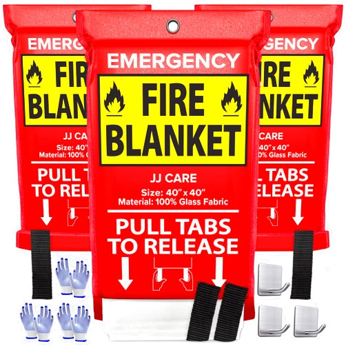 JJ CARE Fire Blanket – 3 Packs with Hooks and Gloves – Emergency Fire Blanket for Home & Kitchen, High Heat Resistant Fire Suppression Blankets for Home Safety, Kitchen, and Camping