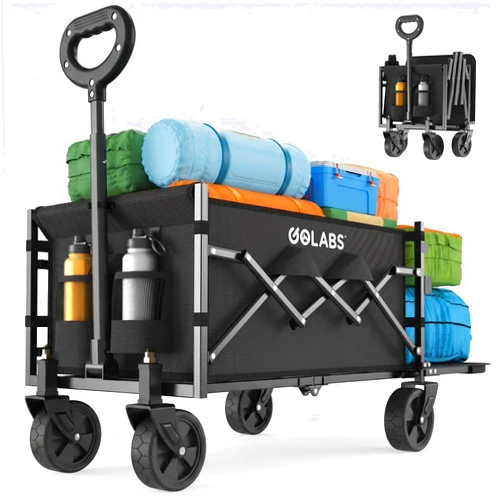 Golabs Collapsible Wagon Cart Max 350lb Load & Expandable Storage 100L, Double Bearing Design for Flexible Steering, Foldable Heavy Duty Garden Cart with 2 Cup Holders for Groceries, Garden & Camping