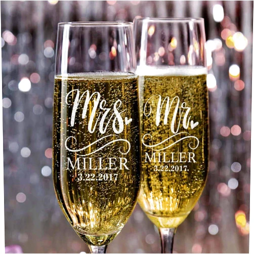 Personalization Lab P Lab Set of 2, Bride and Groom Champagne Glasses w/Last Name & Date, Personalized Mr. Mrs. Engagement & Wedding Champagne Flutes, Toasting Glasses - Customized Etched Flutes, Wedding Gift #N5