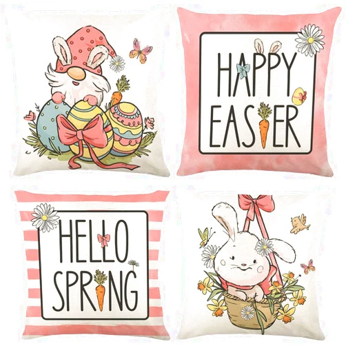ZUHSA 4 Pieces Easter Linen Throw Cushion Cover,Decorative Easter Bunny Linen Throw Pillow Cover fit forRoom Bedroom Couch Chair Breathable with Hidden Zipper(18