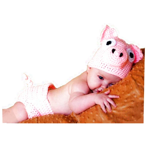 Ximkee Newborn Baby Photography Props Crochet Costume Hat and Pants Outfits Toddler Photoshoot Sets Pink Pig