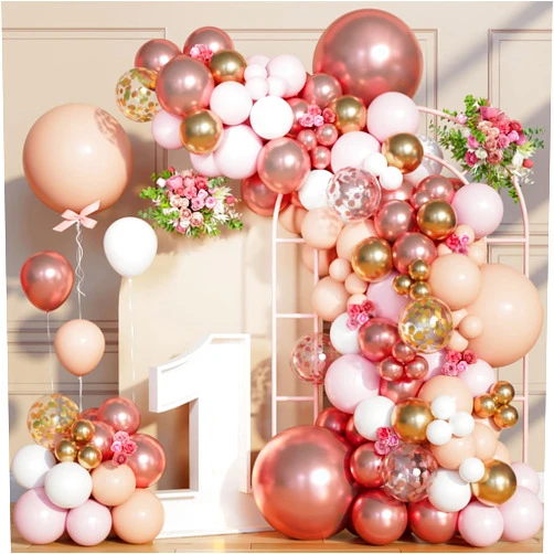 Bonropin 151Pcs Rose Gold Balloon Garland Arch Kit for Wedding Bridal Shower Birthday Baby Shower Decorations, Nude Pastel Pink Metallic Gold Matte White Rose Gold Confetti Balloons