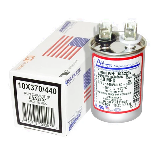 AMRAD ENGINEERING USA2207 Series Round USA-Made Motor Run Capacitor, 10 Mfd, 370/440 Vac-132323