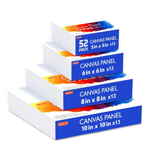 Shuttle Art Painting Canvas Panel, 52 Multi Pack, 5x5, 6x6, 8x8, 10x10 inch (13 PCS of Each), 100% Cotton Art Canvas Board Primed White, Blank Canvas for Kids Adults for Acrylic Oil Painting