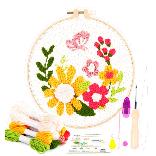 Pllieay Punch Needle Embroidery Starter Kits for Kids and Adults Beginners, Include Instructions, Punch Needle Fabric with Floral Pattern, Yarns, Embroidery Hoops and Threader Tools