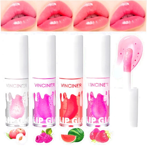 Dulele 4PCS Fruit Flavoured Lip Gloss Set, Moisturizing Lip Glow Oil, Nourishing Lip Care Tinted Lip Oil, Hydrating Lip Balm Lip Makeup