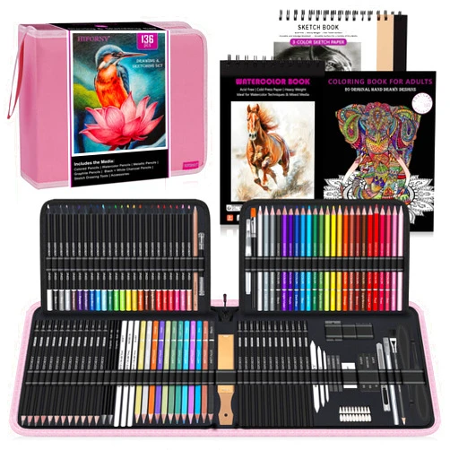 HIFORNY 136 PCS Drawing & Sketching Set,Pro Art Supplies with Graphite,Charcoal,Colored,Watercolor,Metallic Pencils,Blending Tools,Sketchbook,Watercolor Book and Coloring Book in Zipper Case (Pink)