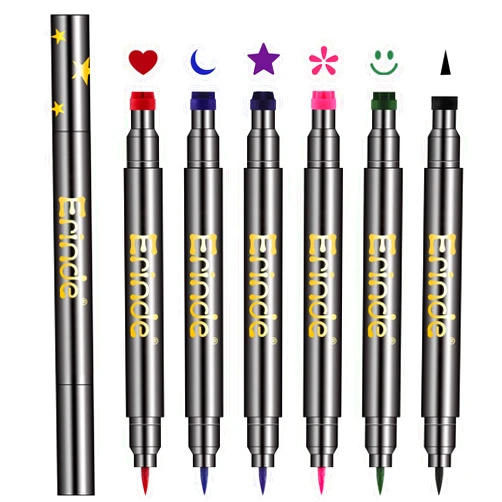 Erinde 6 Colors Double-headed Liquid Eyeliner Stamp Pen Set, Blue Red Pink Purple Green Black Colorful Winged Eye Liners for Women, Waterproof Long-Lasting Star Moon Heart Eye Face Makeup