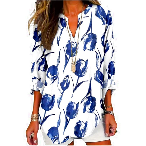 DMOYALA Boho Floral Linen Shirt for Women V Neck Long Sleeve Blouse Vintage Printed Casual Loose Fit Fall Tunic Tops