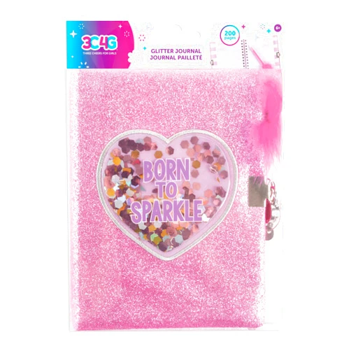 3C4G Three Cheers for Girls by Make It Real - Born to Sparkle Confetti Locking Journal - Secret Diary for Girls with Lock and Key - Lined Pink Notebook, Fluffy Feather Pen - Lockable Journal Stationery Set