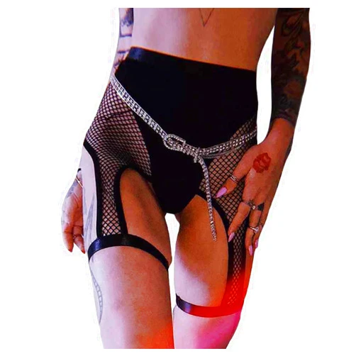 Xperry Women Rave Fishnet High Waisted Shorts Briefs Mesh Biker Shorts Garter Belt for Music Festival Events