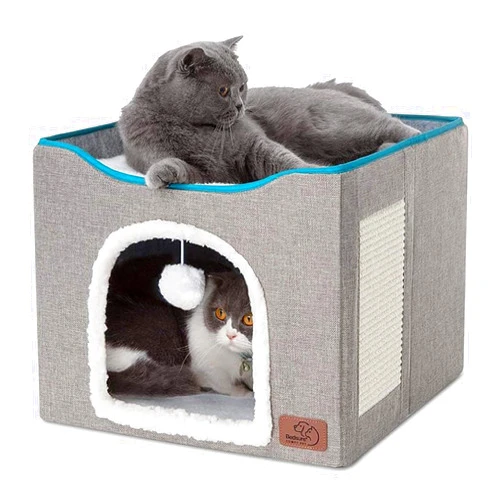 Bedsure Cat Beds for Indoor Cats - Large Cat Cave for Pet Cat House with Fluffy Ball Hanging and Scratch Pad, Foldable Cat Hideaway,16.5x16.5x13 inches, Grey