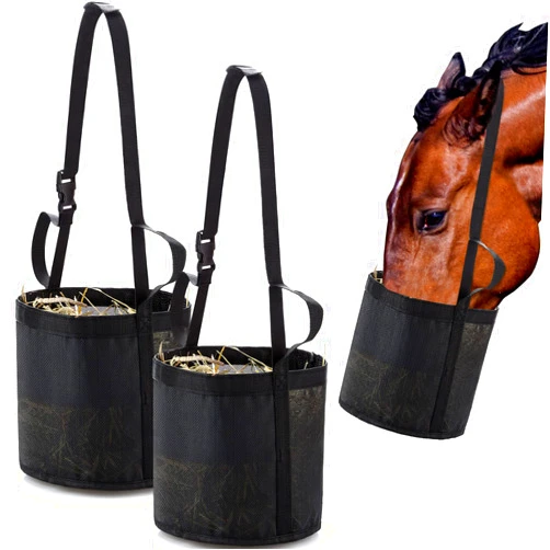 Sumind 2 Pcs Feed Horses Bag for Grain Hay Bags Heavy Duty Mesh Horse Feeder with Adjustable Strap Comfort Neck Pad Nose Pad and Waterproof Bottom Muzzle(Black)