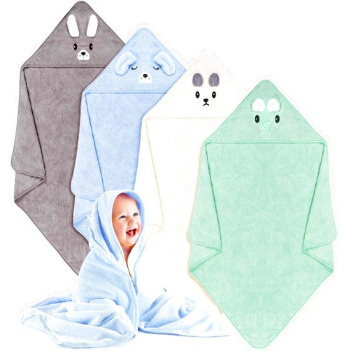 Preboun 4 Pcs Baby Bath Towel 31.5 x 31.5 Inch Coral Fleece Baby Hooded Towel Absorbent Soft Towels for Newborn Cartoon Animal Hooded Bath Blanket for Kids Toddler Infant Shower (Cute Style)