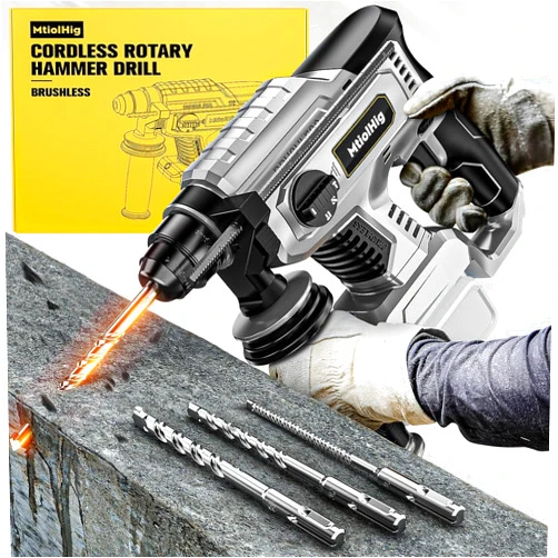 MtiolHig Cordless Rotary Hammer Drill for Dewalt 20V MAX Battery, Brushless SDS-Plus Hammer Drill with Safety Clutch for Concrete/Masonry, 1500 RPM, 4 Modes with 360°Auxiliary Handle, Including 4 Drill Bits