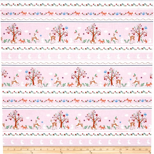 Timeless Treasures 0538463 Storybook Forest Bunny/Deer/Flower Stripe Fabric by The Yard, Pink