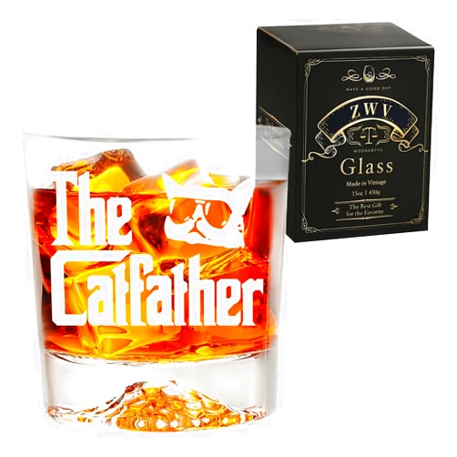 ZWV The Catfather Whiskey Glass - Cat Dad Gifts, New Dad, Birthday & Retirement Gifts for Cat Lovers