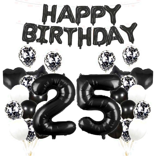 GLZLMM 25th Birthday Balloon 25th Birthday Decorations Black 25 Balloons Happy 25th Birthday Party Supplies Number 25 Foil Mylar Balloons Latex Balloon for Girls,Boys,Women,Men