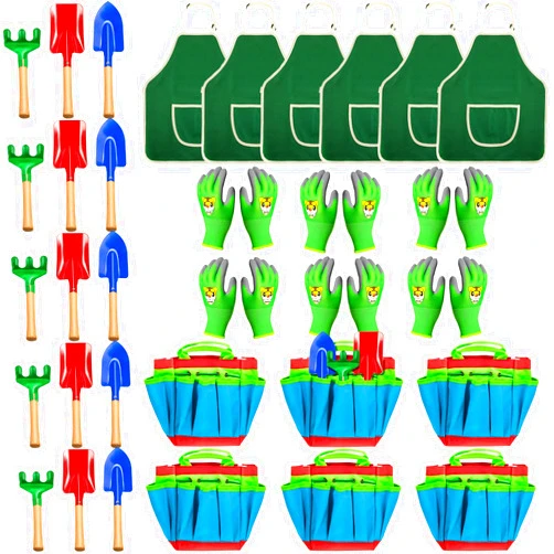 Wettarn 36 Pcs Kids Gardening Tool Set Garden Set Toy Includes Metal Shovel with Sturdy Wooden Handle Rake Trowel Apron Gardening Gloves Tote Bag Funny Children Garden Tools for Girls Boys Outdoor (Vibrant)