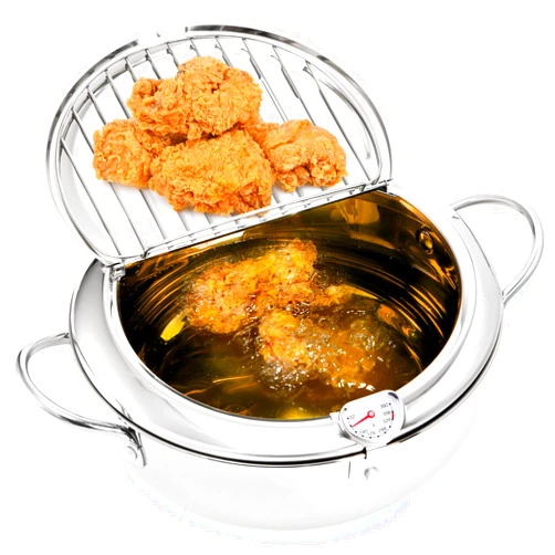 Yopay Deep Fryer Pot 304 Stainless Steel, 3.2L Frying Chicken Pot with Thermometer Control and Lid, Japanese Style Tempura Fryer Pot
