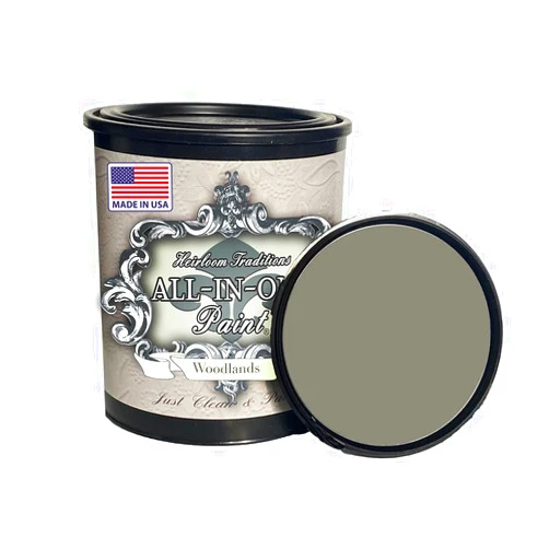 Heirloom Traditions Paint ALL-IN-ONE Paint, Woodlands (earthy green gray), 32 Fl Oz. Durable cabinet and furniture paint. Built in primer and top coat, no sanding needed.