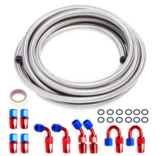 IPARTS EXPERT 3/8 6AN 20FT Fuel Line Hose Kit, Stainless Steel Braided Fuel Line Oil/Gas/Fuel Hose End Fitting Hose with 10PCS Swivel Fuel Hose Fitting Adapter Kit