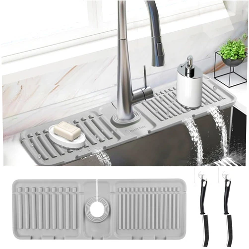 UABUITGLS Kitchen Faucet Sink Splash Guard with 2 Pcs Crevice Cleaning Brush and 2 Pcs Hooks, Upgrade Silicone Draining Mat 17.5” x 5.5”, Sink Splash Guard for Bathroom for Kitchen & Bathroom Countertop