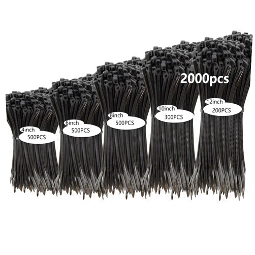 MasiStranth 2000 PCS Zip Ties Assorted Sizes 4+6+8+10+12 Inch Self-locking Nylon Cable ties Heavy Duty Outdoor, UV Resistant Wire Straps for Home Office Garden Workshop Indoor Outdoor Fence(Black)