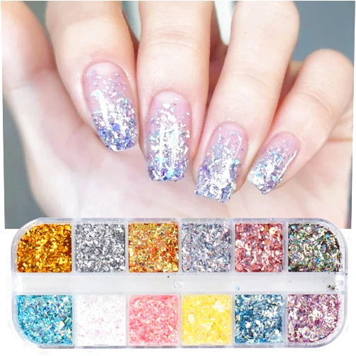 Vezocim 12 Colors Glitter Nail Art Sequins, Holographic Irregular Iridescent Shiny Nail Flakes Decorations 3D Ultra-Thin Powder Nail Art Design for Women Manicure Sparkly Acrylic Supplies, Resin Nail Art Tips