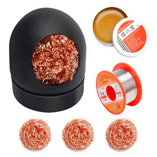 AHIER Solder Tip Cleaner+ Soldering Rosin Flux Paste(0.35 oz / 10 g)+ 60/40 Tin Lead Rosin Core Solder Wire(1.76 oz / 50 g) + 3pcs Replacement Brass Pads, 6 PCS Solder Iron Welding Tool Set