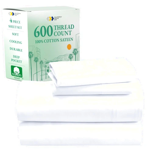 California Design Den Queen Sheet Set - Luxury 600 Thread Count Sateen, 100% Cotton Deep Pocket Queen Sheets with All Around Elastic for a, Hotel Quality Bedding Set - White