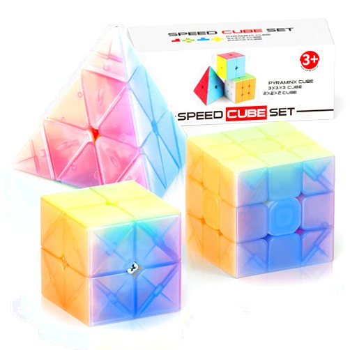 Vdealen Speed Cube Set, 2x2x2 3x3x3 Pyramid Magic Cube Set, Puzzle Cube Toys Birthday Party Christmas Stocking Stuffers Gift for Kids Teens Adults(Jelly Stickerless)