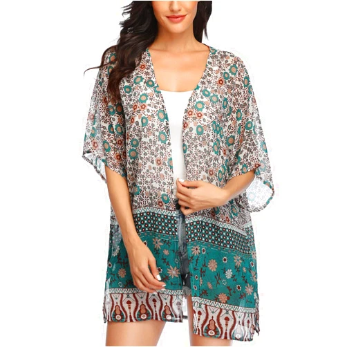 KirGiabo Women's Floral Print Kimonos Loose Tops Half Sleeve Shawl Chiffon Cardigan Blouses Casual Beach Cover Ups,B19-coffee,M