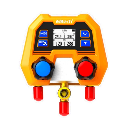 Elitech Digital Manifold Gauge for HVAC, Refrigeration & AC Systems - Supports R410A/R454B/R32/R134 etc. Refrigerants, Pressure & Temperature Measurement, 3 Port, LCD Display, DMG-2SE