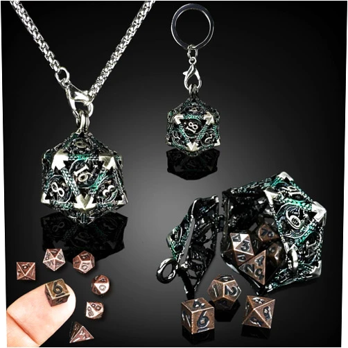 HAOMEJA Mini DND Dice Metal 7pcs Set Tiny Small Polyhedral D&D Dice Set with Hollow D20 Necklace & Keychain Portable & Dragon Eye Bag Apply to Dungeons and Dragons Dice (Green & Mini Red Copper)