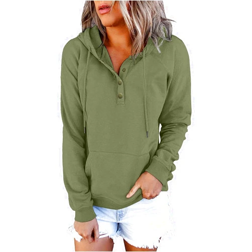 Generic Hoodies for Women Trendy,Casual Long Sleeve Hoodies Drawstring Button Collar Sweatshirt Multicolor Tops with Pocket