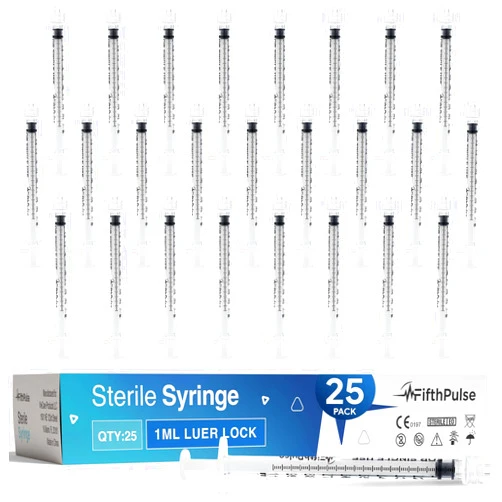FifthPulse 1 ml Syringe without Needle - 25 Pack of Individually Wrapped Disposable Syringes - Good for Medical, Scientific Lab, Home Use, and More - Sterile Luer Lock Syringes