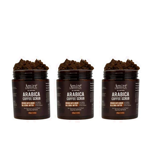 Amire Three Pack of Amire Arabica Coffee Body Scrub, Infused with Argan Oil and Shea Butter, Great for Acne, Anti Cellulite and Stretch Mark Treatment, Helps with Eczema and Age Spots