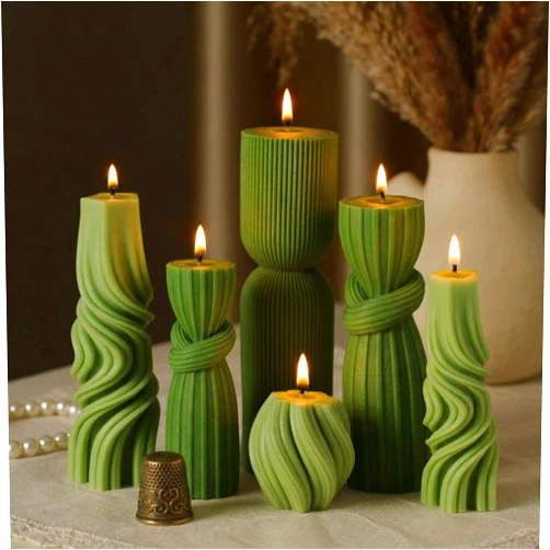 Threlaco 6 Pcs Pillar Candles Decorative Modern Aesthetic Ribbed Candle Set Cute Soy Wax Scented Ribbed Decor Valentine's Commemorative Gift for Home Decoration(Green,2.36-6.89 Inch)
