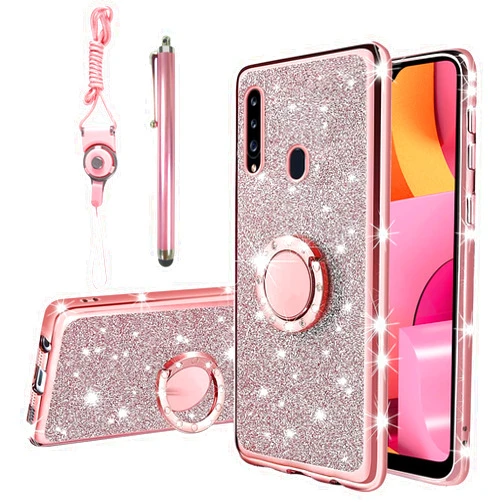 KuDiNi for Galaxy A20S Case for Women Glitter Crystal Soft Stylish Clear Tpu Luxury Bling Cute Protective Cover with Kickstand Strap for Samsung Galaxy A20S (Glitter Rose)