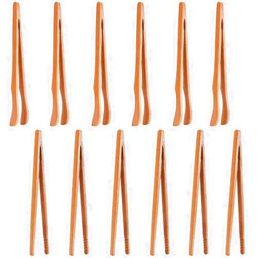 SUKPSY 12 Pcs Bamboo Toaster Tongs, bamboo Kitchen Tongs, Reusable Wood Cooking Tongs, for Cooking, Toast, Bread, Tea and Pickles (7 inch)