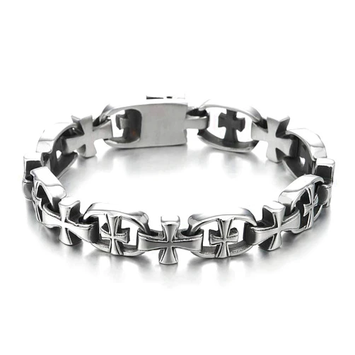 COOLSTEELANDBEYOND Exquisite Stainless Steel Cross Link Chain Bracelet for Men, Rock Punk Biker Faith