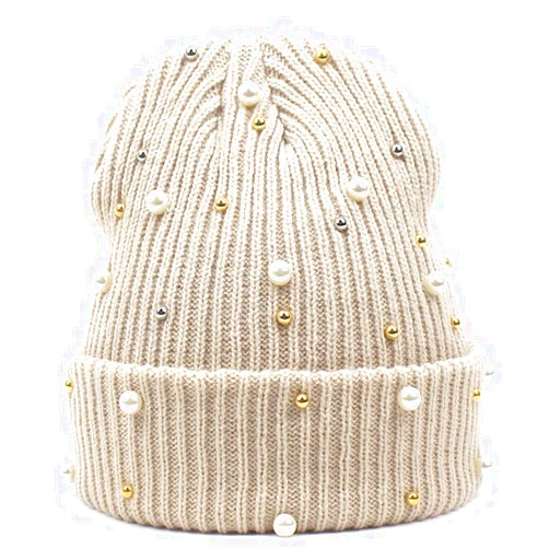Generic Women's Beaded Knit Cuffed Beanie Hat Soft Warm Cozy Knitted Stretch Skull Caps for Winter Cold Weather Beading Headwear