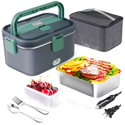 AUTOPkio 1.8L Electric Lunch Box for Adults, 12V/24V/110V Portable Food Warmer with Carry Bag & Fork Spoon, 80W Fast Heating for Car, Truck, Office & Travel