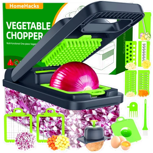 HomeHacks Vegetable Chopper Vegetable Cutter, 12 in 1 Kitchen Gadget, Dicer, Slicer, Onion Cutter, Salad, Cheese Grater & Egg Separator - Multi-Functional Veggie Chopper Lid with Handle